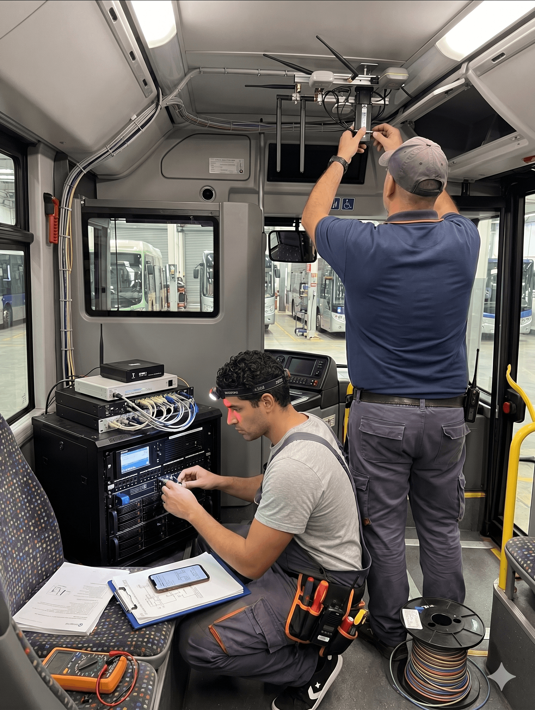 Technician installing onboard equipment